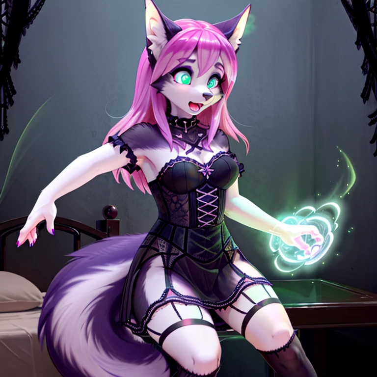 shocked hellhound in gothic make up with purple fur long Pink hairs with Blue Highlights and glowing Green eyes wearing gothic clothes looking at her self there are some traces of magic floating around her she is in a bedroom 