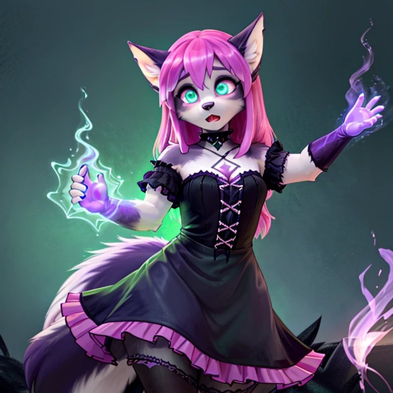 shocked hellhound in gothic make up with purple fur long Pink hairs with Blue Highlights and glowing Green eyes wearing gothic clothes looking at her self there are some traces of magic floating around her she is in a bedroom 