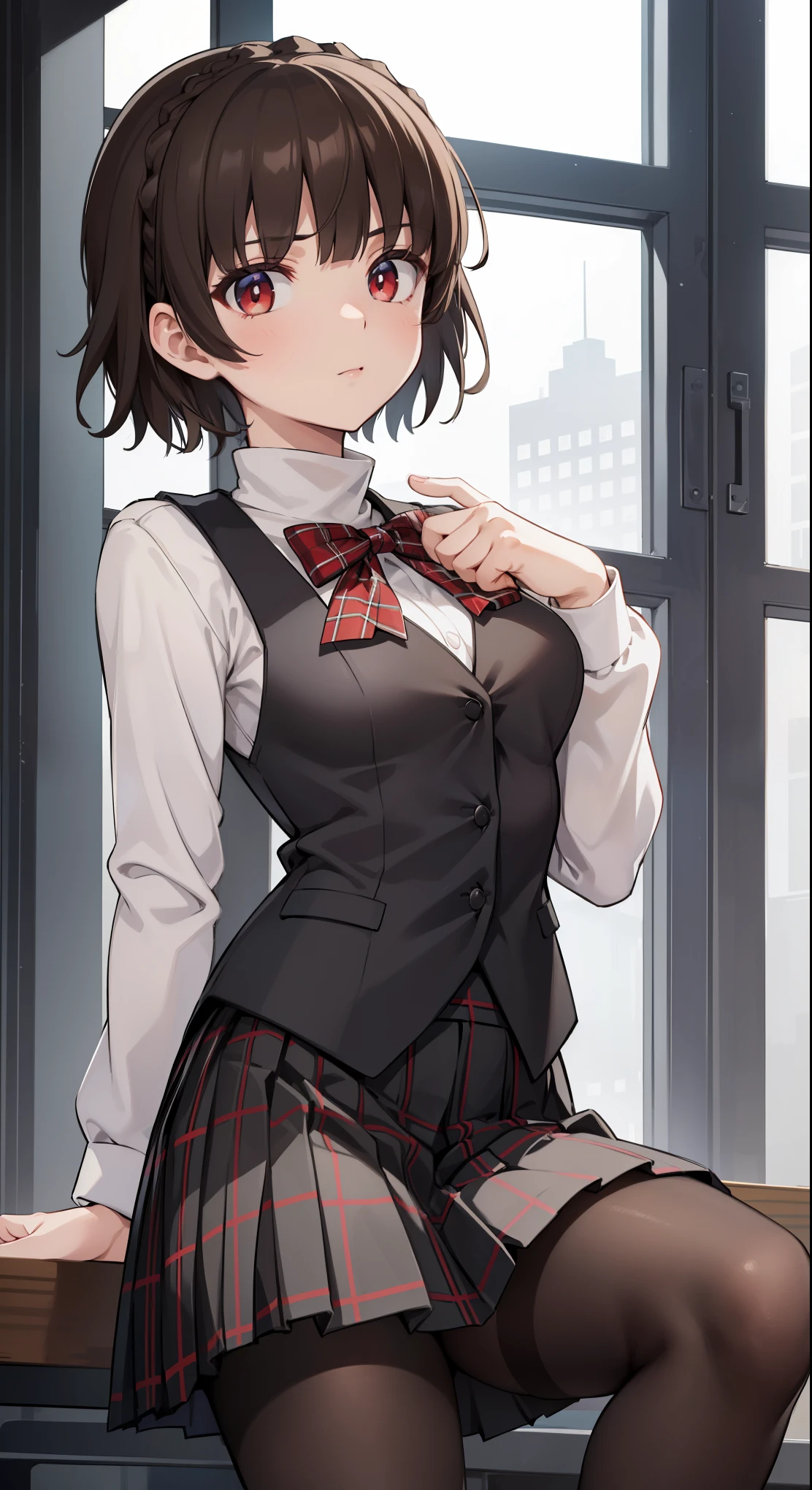 Makoto Nijima, Makoto Niijima, dull bangs, Braid, brown hair, crown Braid, (red eyes:1.3), short hair,
break black pantyhose, black skirt, black vest, bow, Checkered clothing, checkered skirt, long sleeve, miniskirt, pantyhose, Plaid, Plaid skirt, pleats, pleats skirt, red bow, school uniform, shirt, shuujin academy , skirt, sweater, sweater vest, turtleneck, turtleneck sweater, vest, white shirt, white sweater
break looking at viewer,
break indoors, classroom,
break (masterpiece:1.2), highest quality, High resolution, unity 8k wallpaper, (figure:0.8), (beautiful and fine eyes:1.6), highly detailed face, perfect lighting, Very detailed CG, (perfect hands, perfect anatomy),