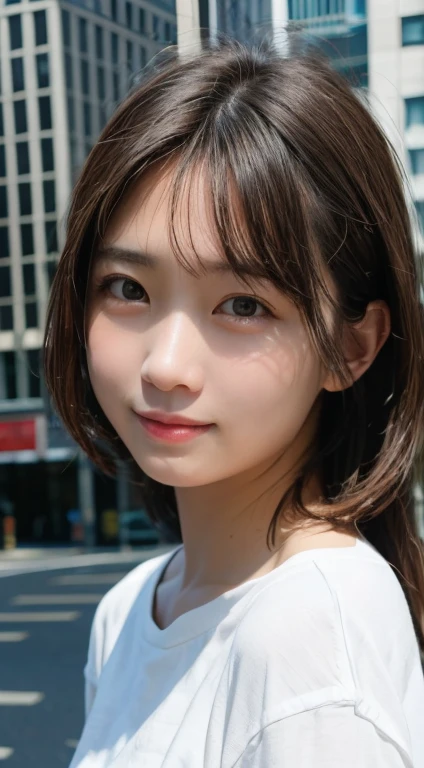 masterpiece, highest quality, 8K, person without order, (Upper body:1.4), white shirt, beautiful girl, cute face, looking at the viewer, smile, surreal, High resolution, New Photos, sharp focus, HDR, face light, dynamic lighting, movie lighting, professional shadow, beautiful cityscape background, best details, very detailed, Super detailed, small details, real skin, delicate features, detailed face and eyes, sharp pupils、realistic student
