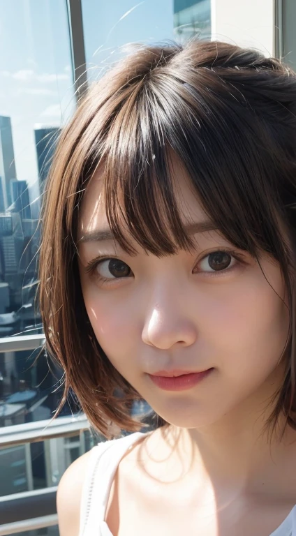 masterpiece, highest quality, 8K, person without order, (Upper body:1.4), white shirt, beautiful girl, cute face, looking at the viewer, smile, surreal, High resolution, New Photos, sharp focus, HDR, face light, dynamic lighting, movie lighting, professional shadow, beautiful cityscape background, best details, very detailed, Super detailed, small details, real skin, delicate features, detailed face and eyes, sharp pupils、realistic student