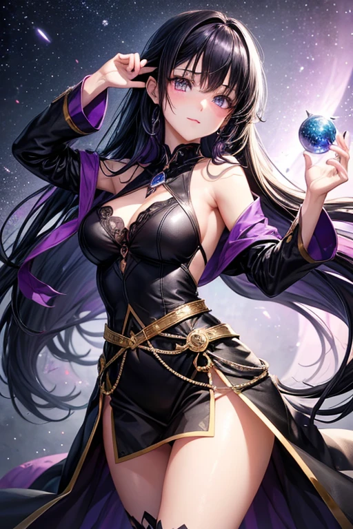 a women with black and purple cloth cold beauty  with black hair volet eyes and cute with perfect near Nexus with star with cute face shown the beautifull view all in anime 