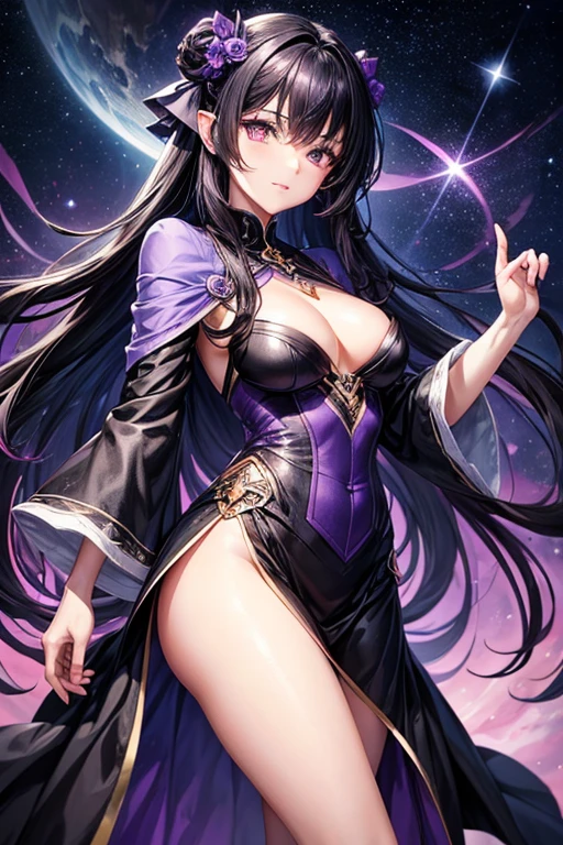 a women with black and purple cloth cold beauty with black hair volet eyes and cute with perfect near Nexus with star with cute face shown the beautifull view all in anime