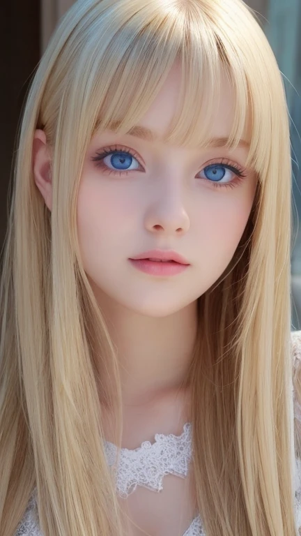 A very beautiful girl with shining bright blonde hair、Very beautiful, bright, bright light blue eyes、very big eyes、Beautiful white and shining skin, 3 up, Unparalleled Beauty, Bright, refreshing and gentle expression, Perfect beautiful cute face shining baby blonde silk super long straight hair, Beautiful shiny bangs, A very beautiful and beautiful 17 year old girl, eyeliner, very perfect and beautiful cute big bright light blue eyes