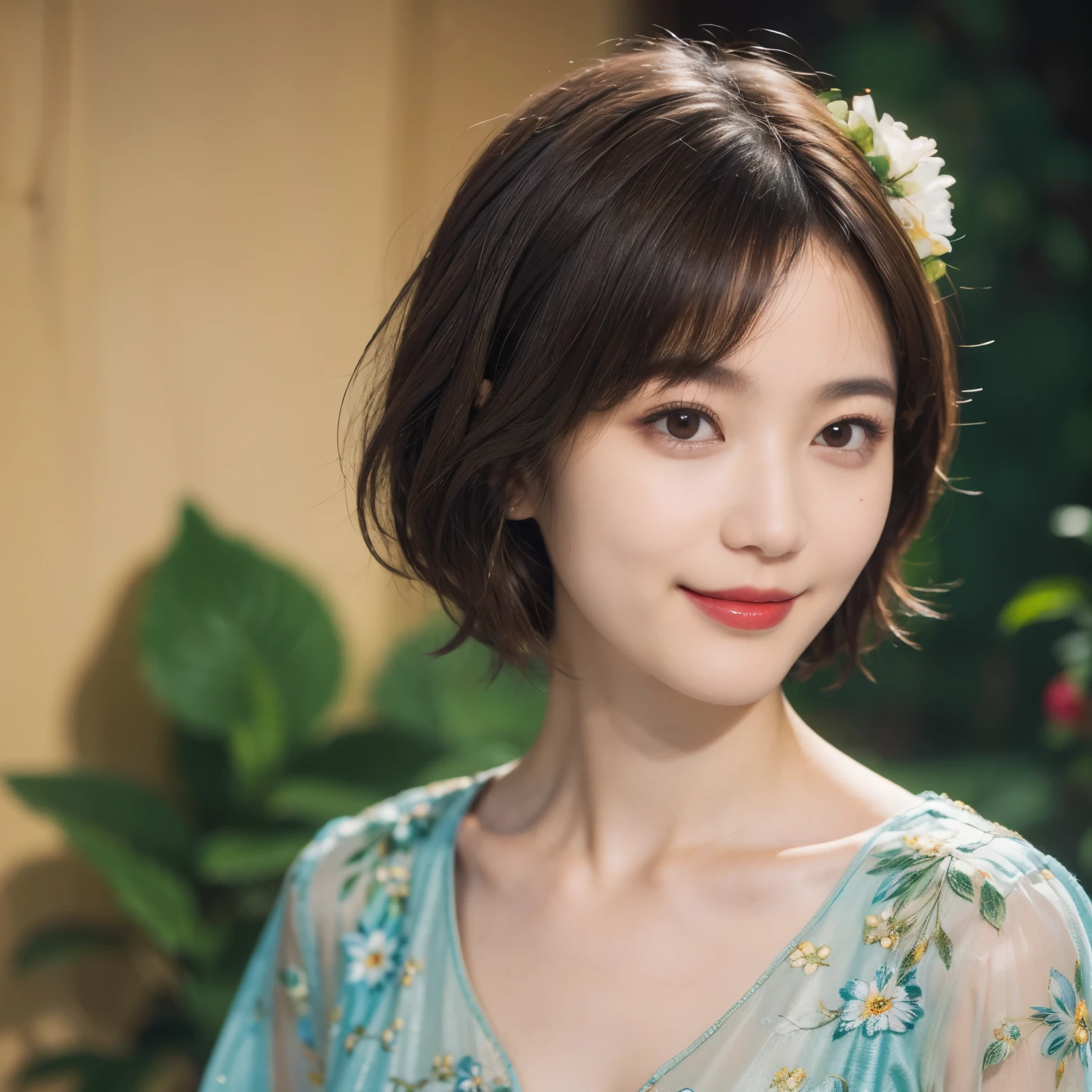 148
(20 year old woman,Floral costume), (surreal), (High resolution), ((beautiful hairstyle 46)), ((short hair:1.46)), (gentle smile), (breasted:1.1), (lipstick)