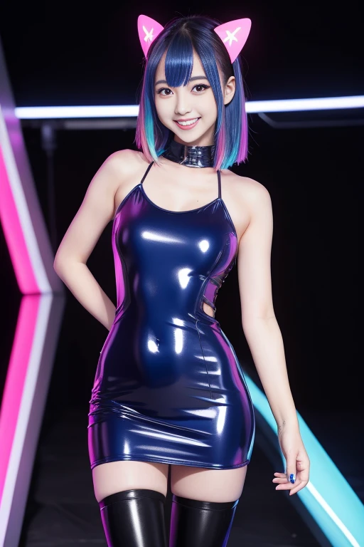 female idol、smiling face、full body Esbian、sexy latex dress(neon indigo)、multicolor hair、