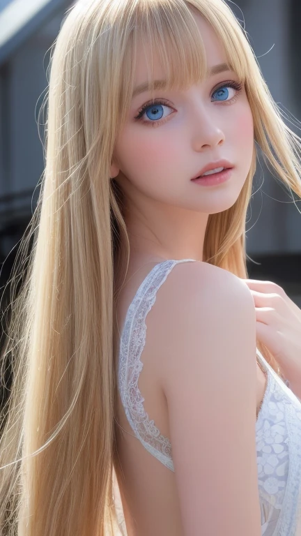A very beautiful girl with shining bright blonde hair、Very beautiful, bright, bright light blue eyes、very big eyes、Beautiful white and shining skin, 3 up, Unparalleled Beauty, Bright, refreshing and gentle expression, Perfect beautiful cute face shining baby blonde silk super long straight hair, Beautiful shiny bangs, A very beautiful and beautiful 17 year old girl, eyeliner, very perfect and beautiful cute big bright light blue eyes