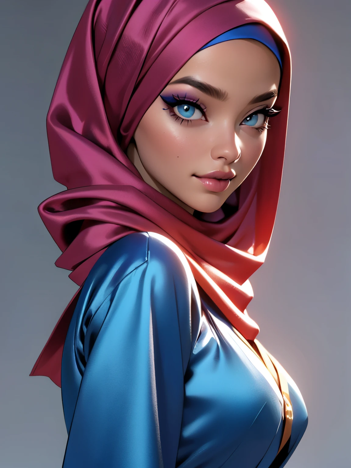 3dmm style, (Masterpiece), realistic, best quality, best lighting, extremely detailed artgerm, style artgerm, beautiful mature woman, 1 girl photo solo, beautifully makeup, eyeshadow, Parted Lips, Detailed Eyes, ((beautiful big eyes)), long eye lashes, dimples on the cheeks, smile, wearing ((Dark blue satin hijab)), loosely tide hijab style, ((Blue satin shirt and satin long skirt)), (Close-up portrait), Front view, Standing Symmetric Centre, facing the viewer, gray background.