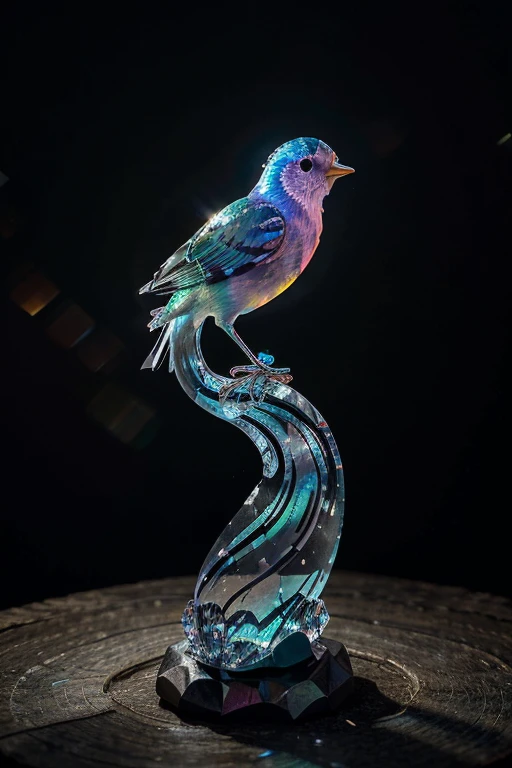 Highly detailed shot of an (((iridescence))) crystal sculpture in the shape of a European robin on a crystal tree branch, often associated with the arrival of spring. In folklore, the robin is sometimes depicted as a symbol of good luck or as a harbinger of news from the spirit world, vibrant background, full motion effects, diagonal view, crystal particles glittering, back light, ultra sharp focus, high speed shot, vibrant color, Bioluminescence, high quality
