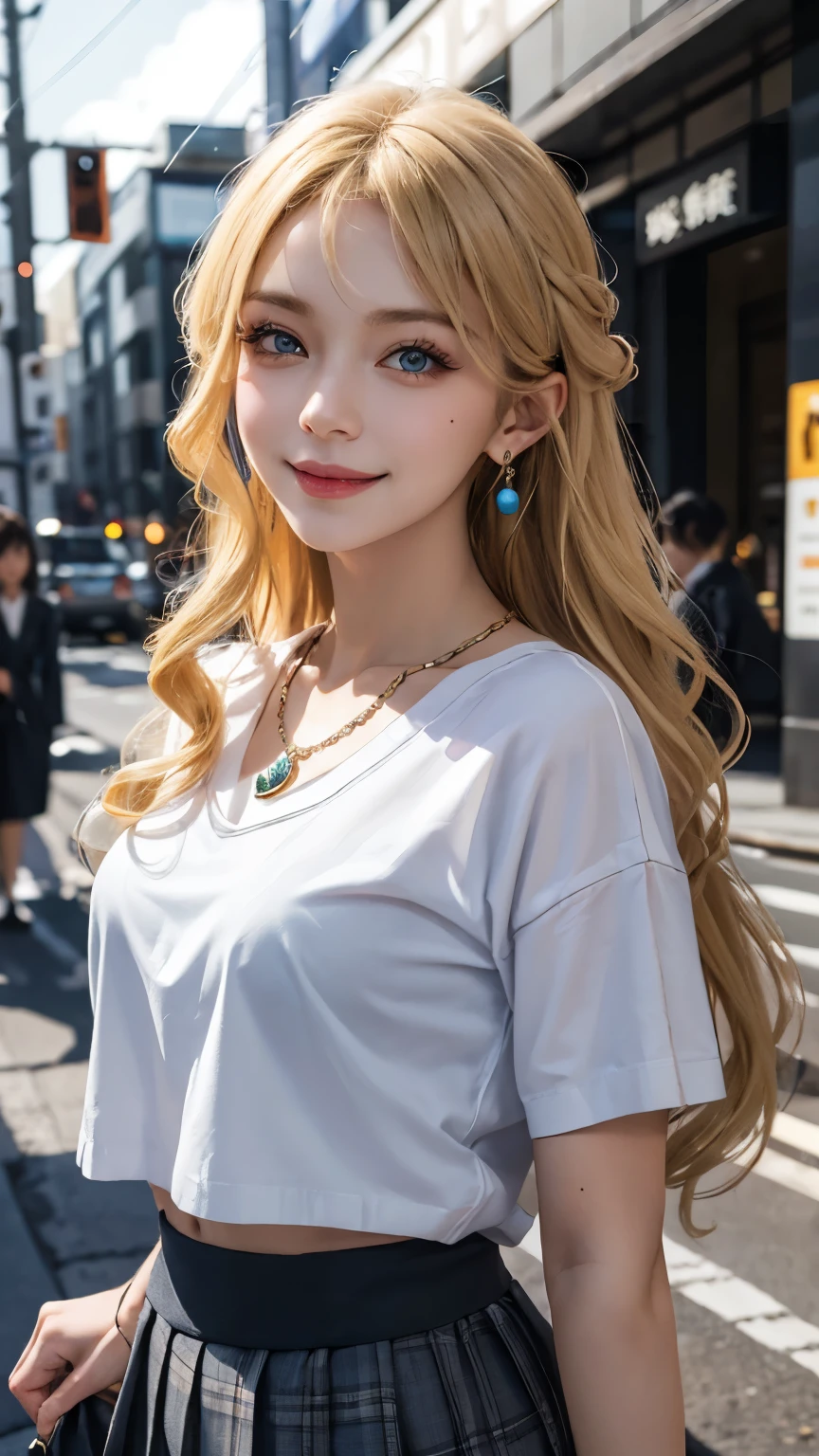 masterpiece，1 girl，above waist，faint smile，glowing skin，best quality，masterpiece，（lifelike：1.4），Uniforms，pleated skirt，black，blur background，Character focal length，（Large aperture：1.2），blonde，long hair，curls，blue eyes，Smiling all over，necklace，earrings，street japan，night