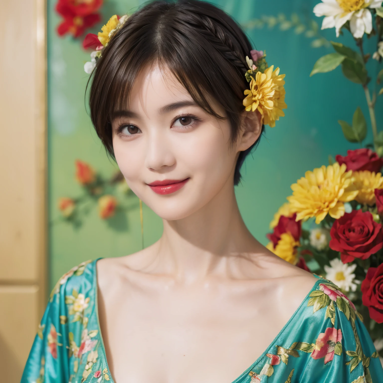 148
(20 year old woman,Floral costume), (surreal), (High resolution), ((beautiful hairstyle 46)), ((short hair:1.46)), (gentle smile), (breasted:1.1), (lipstick)
