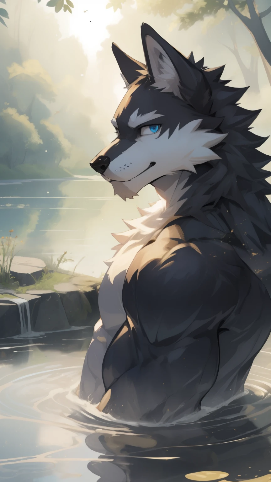 Masterpieces ,best quality ,Delicate face ,cute face ,Detailed eyes ,ultra detailed ,depth of field ,perfect lighting ,light particles ,vibrant color , sharp line art ,solo ,furry male wolf , Anthropomorphic black wolf ,aged, black body ,white belly ,blue eyes ,naked, visible penis , taking a bath in a lake ,looking at viewer ,clear blue sky