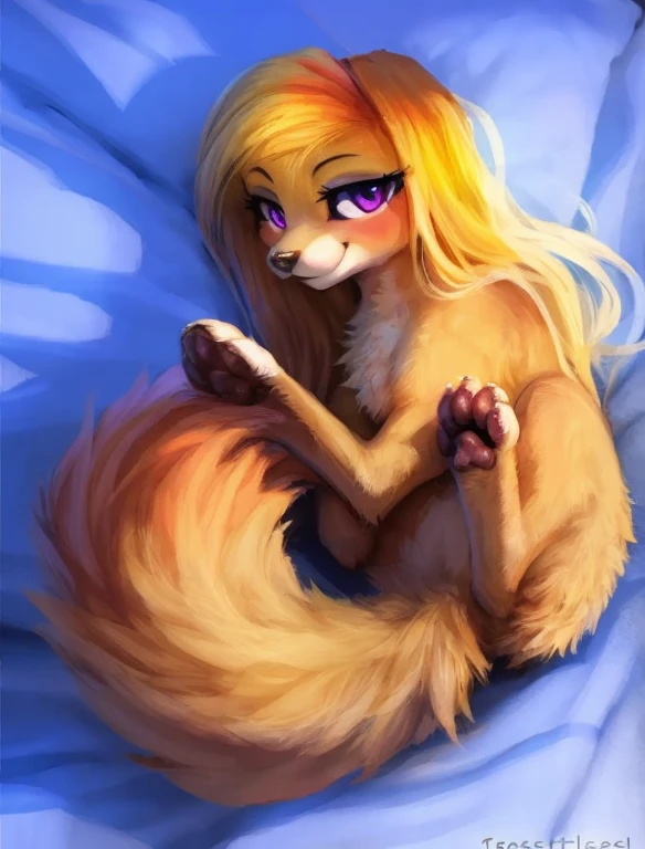 (By hyattlen, by fumiko, by claweddrip) solo, (tan fox girl), female, fluffy tan ears, (tan_body:1.1), black nose, yellow eyes, cute snout, fluffy blonde fox tail, blonde twintail braided hair, detailed eyes, naked, lying on the floor, showing off her feet, feet in frame, no background, white background,  good anatomy, masterpiece, full body shot