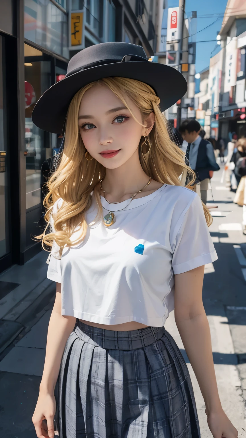 masterpiece,1 girl,above waist,faint smile,glowing skin,best quality,masterpiece,(lifelike:1.4),Uniforms,pleated skirt,black,blur background,Character focal length,(Large aperture:1.2),blonde,long hair,curls,blue eyes,Nice hat,Smiling all over,necklace,earrings,street japan,night