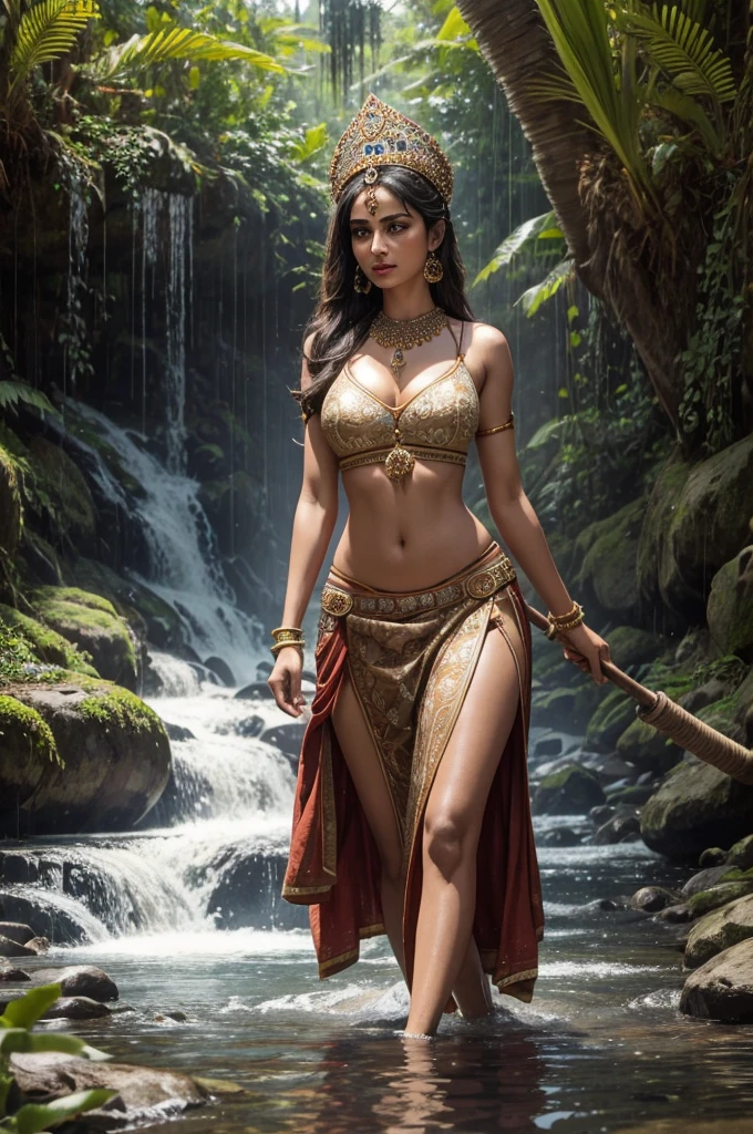 ((best quality)), ((masterpiece)), (detailed), sexy beautiful fair skin perfect indian girl, wearing brown coloured slit ghaghra and choli, walking in jungle to fetch water, she is holding a clay pot on her head, water from the clay pot is spilling out which is making her clothes wet, the slit ghaghra is very erotic and exposing, proper hands, real clay pot, proper clay pot shape
