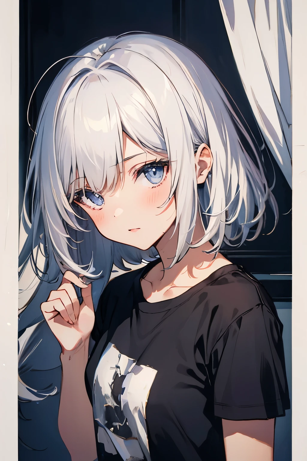 ((best quality)), ((masterpiece)), (detailed), perfect face, dark room, small girl, white hair, big t shirt, 