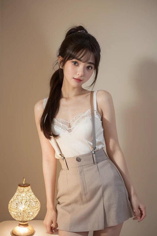 Smile、night、original photography、(((ultimate beauty portrait)))、((sparkling skin))、1 girl、23 year old beautiful girl from Prague、bright expression、((brown hair))、(Light clothes),(C cup)、(White suspenders)、((Big eyes sparkling like gems))、Clothes slightly open、pantyhose、Glowing and radiant skin、(medium hair)、(silk ponytail)、(standing)、(from below)、under skirt、(from below看内衣的特写)、Eyeliner、beautiful bangs、hair between eyes、((Masterpiece、top quality、Super detailed、lamp、intricate details、high resolution、Very detailed))、background for this、8 kood、digital SLR、soft light、high quality、film grain、富士XT3 、shallow view deep、natural soft light、Kamimei