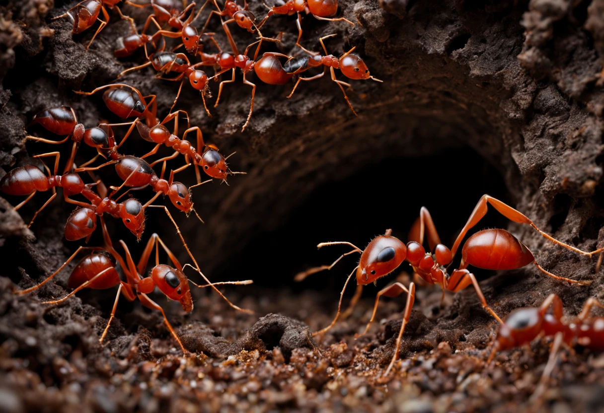 Underground ant nest, intricate tunnels, bustling ant workers, organized colonies, ant eggs, larvae, abundant food storage, multiple chambers, dark and damp environment, interconnected pathways, ant queens, diligent workers, intricate architecture, teamwork, industriousness, colony hierarchy, delicate antennas, six-legged creatures, efficient communication, bustling activity, tightly-knit community, ant society, hidden underground world, complex network, organized chaos, constant movement, underground civilization, industrious ants, endless work, diligent foragers, teamwork, strong sense of purpose, meticulous attention to detail, organized construction, busy tunnels, labyrinthine pathways, the hum of activity, silently carrying out their tasks, vast underground network, thriving ant city, flickering shadows, mysterious underworld, secret kingdom. (best quality, ultra-detailed, realistic:1.37), dark and earthy tones, subtle lighting, intricate textures, detailed ant anatomy, lifelike details, professional rendering, vibrant colors, sharp focus.