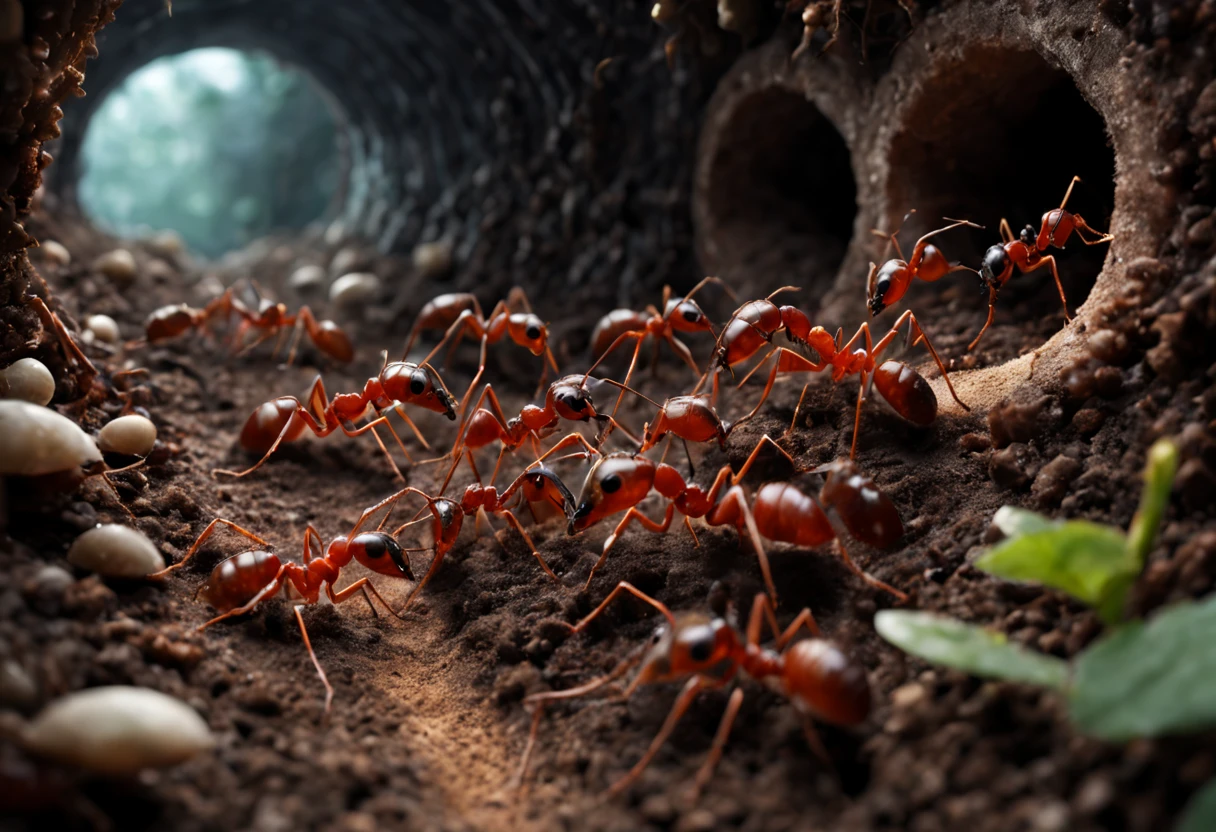 Underground ant nest, intricate tunnels, bustling ant workers, organized colonies, ant eggs, larvae, abundant food storage, multiple chambers, dark and damp environment, interconnected pathways, ant queens, diligent workers, intricate architecture, teamwork, industriousness, colony hierarchy, delicate antennas, six-legged creatures, efficient communication, bustling activity, tightly-knit community, ant society, hidden underground world, complex network, organized chaos, constant movement, underground civilization, industrious ants, endless work, diligent foragers, teamwork, strong sense of purpose, meticulous attention to detail, organized construction, busy tunnels, labyrinthine pathways, the hum of activity, silently carrying out their tasks, vast underground network, thriving ant city, flickering shadows, mysterious underworld, secret kingdom. (best quality, ultra-detailed, realistic:1.37), dark and earthy tones, subtle lighting, intricate textures, detailed ant anatomy, lifelike details, professional rendering, vibrant colors, sharp focus.