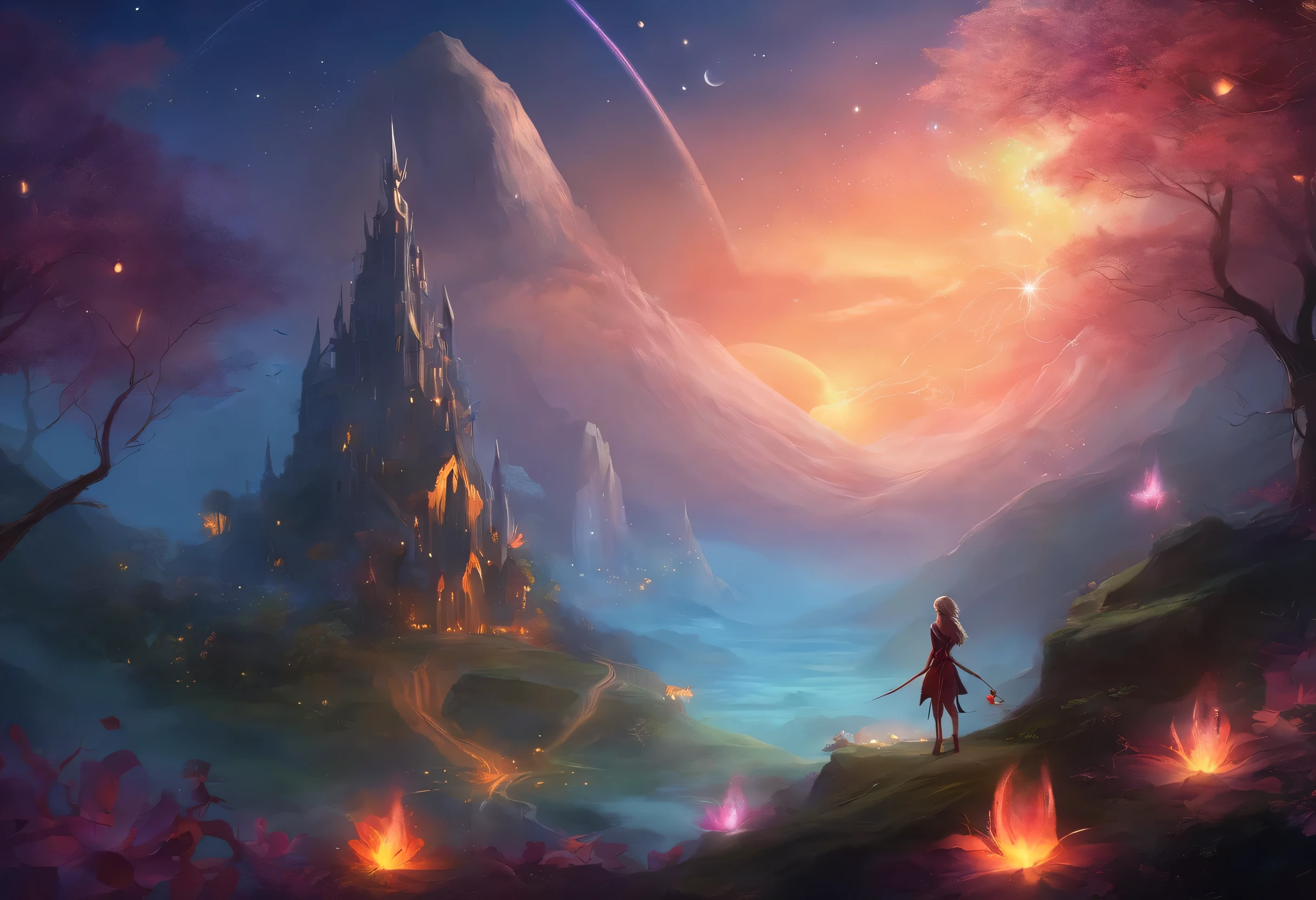 （（shot from a far distance）），（Shadow elf decorated with streamers and fireflies），（（Bonfires and shining ores on dark nights&Wind blowing effect&floating flames）），（girl），（soft light lighting），official art，（wallpaper design）