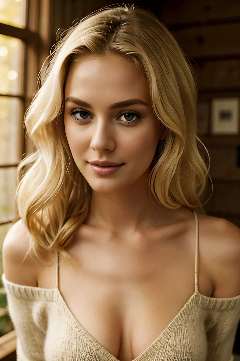 Close-up of a captivating 25-year-old woman with blonde hair, her bare shoulders adorned with a beige wool sweater, invitingly revealing the allure of her cleavage while she playfully touches her breasts. her beguiling smirk never leaving her face as she flirts with the camera, set against the warm, blurred backdrop of a forest, the scene illuminated by the enchanting glow of 3-point studio lighting.