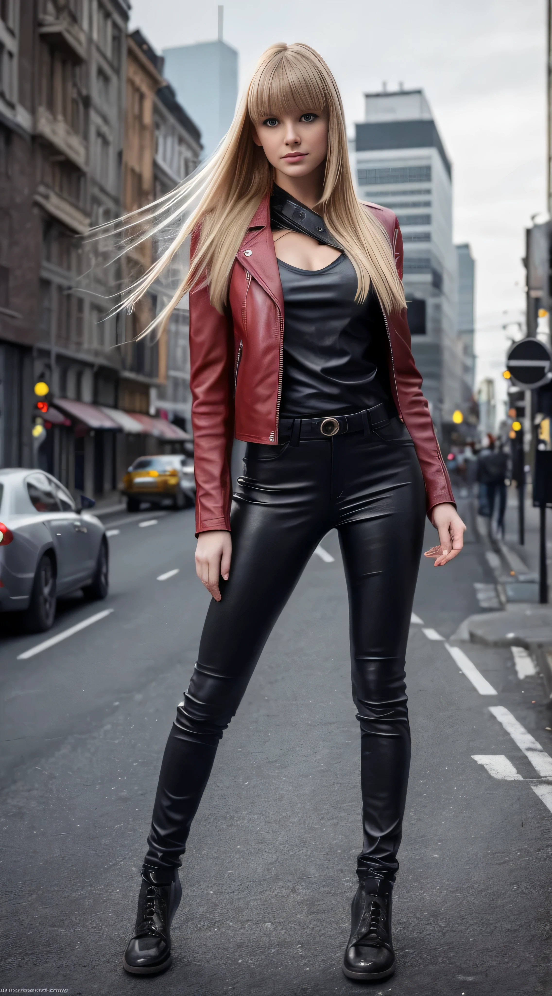 full body Realism, 16-year-old girl, long blond hair, bangs falling on her face, blue eyes, slightly open mouth, red lips, beautiful hairstyle, light makeup, round breasts, in a leather jacket, tight leather pants, beautiful shoes on her feet, walking city street in the background , detailed appearance, detailed hairstyle, detailed environment, detailed background, dark futuristic dead city in the background, the photo was taken with a photorealistic SLR camera, resolution full hd, 8K