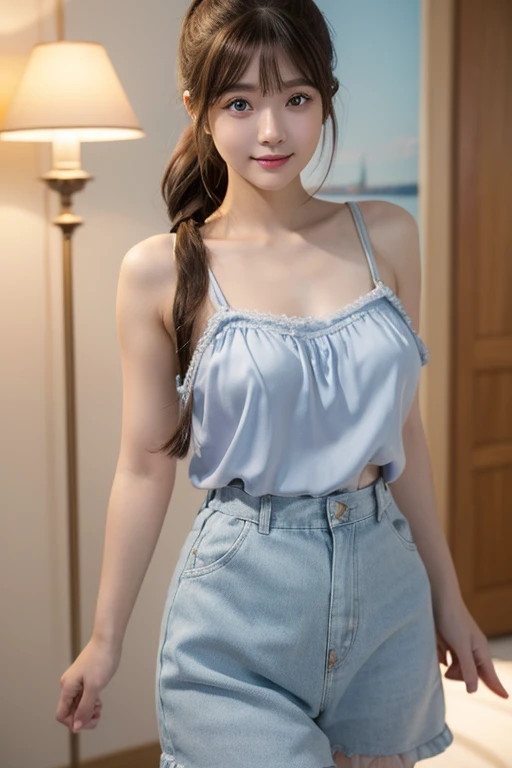 Smile、night、original photography、(((ultimate beauty portrait)))、((sparkling skin))、1 girl、23 year old beautiful girl from Prague、bright expression、((brown hair))、(Light blue clothes),(C cup)、(White suspenders)、((Big eyes sparkling like gems))、Clothes slightly open、pantyhose、Glowing and radiant skin、(medium hair)、(silk ponytail)、(standing)、(from below)、under skirt、(from below看内衣的特写)、Eyeliner、beautiful bangs、hair between eyes、((​Masterpiece、top quality、Super detailed、lamp、intricate details、high resolution、Very detailed))、background for this、8 kood、digital SLR、soft light、high quality、film grain、富士XT3 、shallow view deep、natural soft light、Kamimei