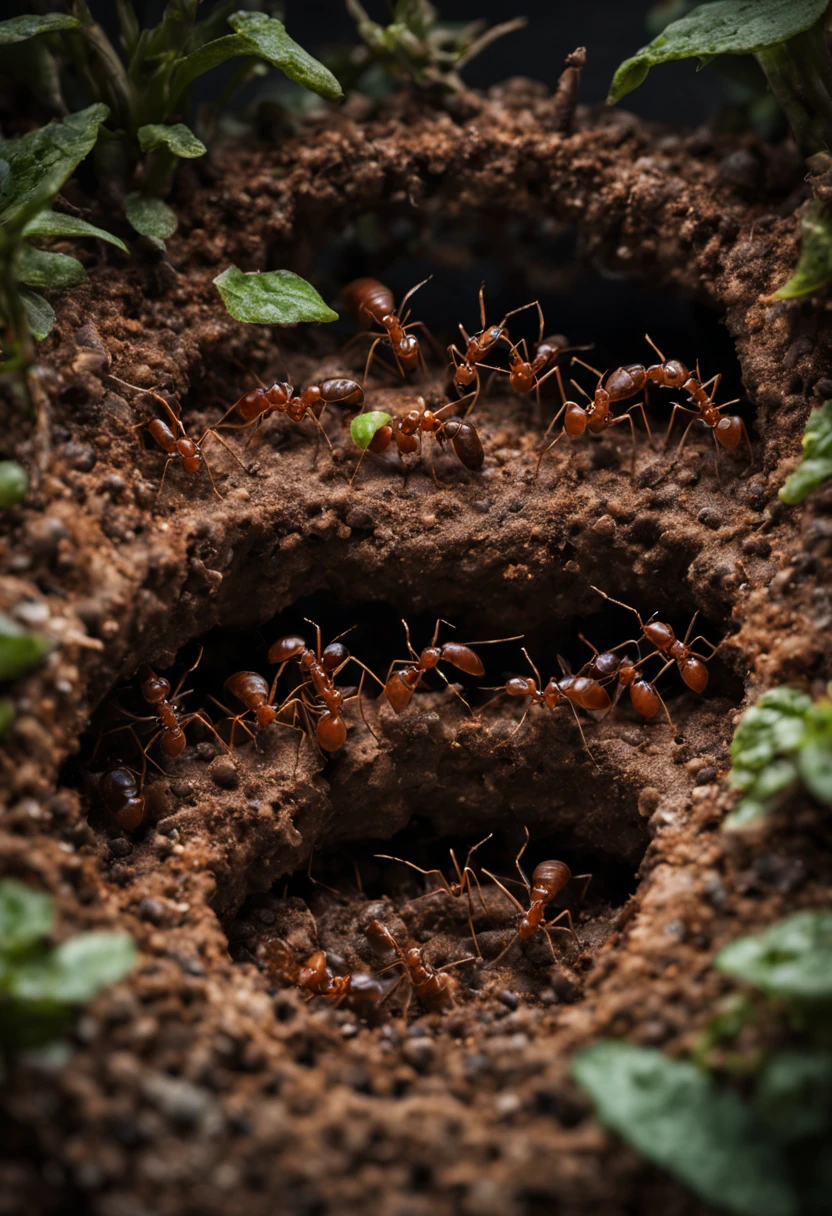 Underground ant nest, intricate tunnels, bustling ant workers, organized colonies, ant eggs, larvae, abundant food storage, multiple chambers, dark and damp environment, interconnected pathways, ant queens, diligent workers, intricate architecture, teamwork, industriousness, colony hierarchy, delicate antennas, six-legged creatures, efficient communication, bustling activity, tightly-knit community, ant society, hidden underground world, complex network, organized chaos, constant movement, underground civilization, industrious ants, endless work, diligent foragers, teamwork, strong sense of purpose, meticulous attention to detail, organized construction, busy tunnels, labyrinthine pathways, the hum of activity, silently carrying out their tasks, vast underground network, thriving ant city, flickering shadows, mysterious underworld, secret kingdom. (best quality, ultra-detailed, realistic:1.37), dark and earthy tones, subtle lighting, intricate textures, detailed ant anatomy, lifelike details, professional rendering, vibrant colors, sharp focus.