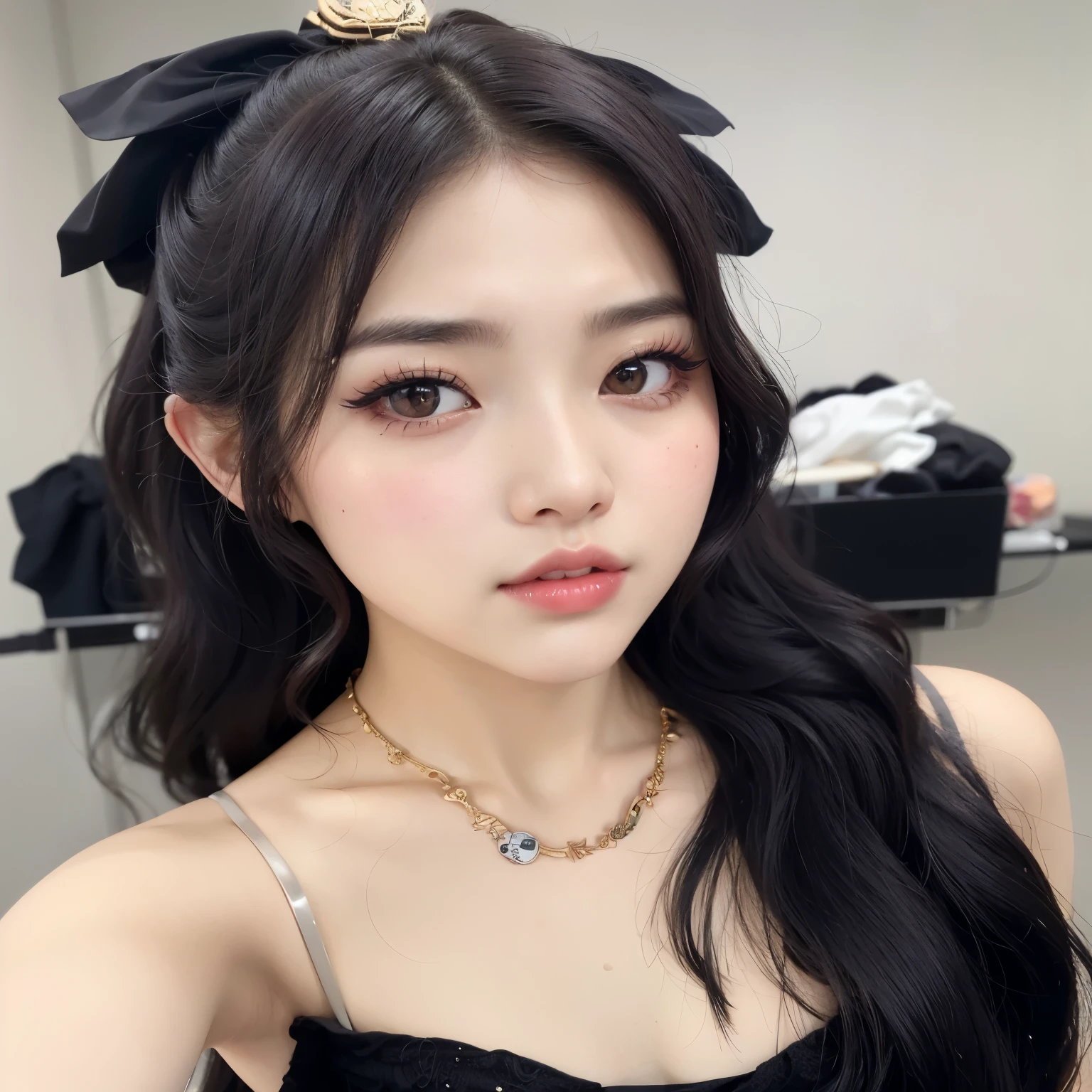 a close up of a woman with long hair wearing a black dress, ulzzang, wan adorable korean face, popular south korean makeup, popular korean makeup, young adorable korean face, jinyoung shin, jaeyeon nam, young cute wan asian face, gorgeous young korean woman, beautiful south korean woman, lalisa manobal, portrait of jossi of blackpink