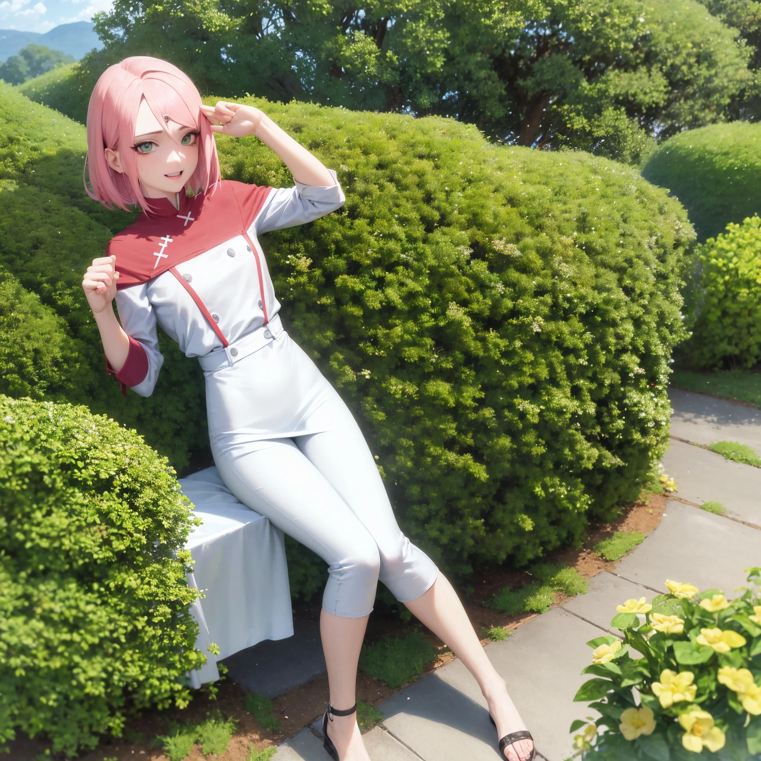 realista, fotorrealista,tiro de vaqueiro,obra de arte, absurdos ,1 garota, haruno sakura, marca na testa, faixa de cabelo vermelha, vestido vermelho sem mangas, White pants, umbigo, virilha, pulseira, olhando para o espectador, sorriso, flores de cerejeira, jardim privado, vento, cabelo flutuante, peito grande ,(((quadris largos))), corpo tonificado, olhos detalhados, 