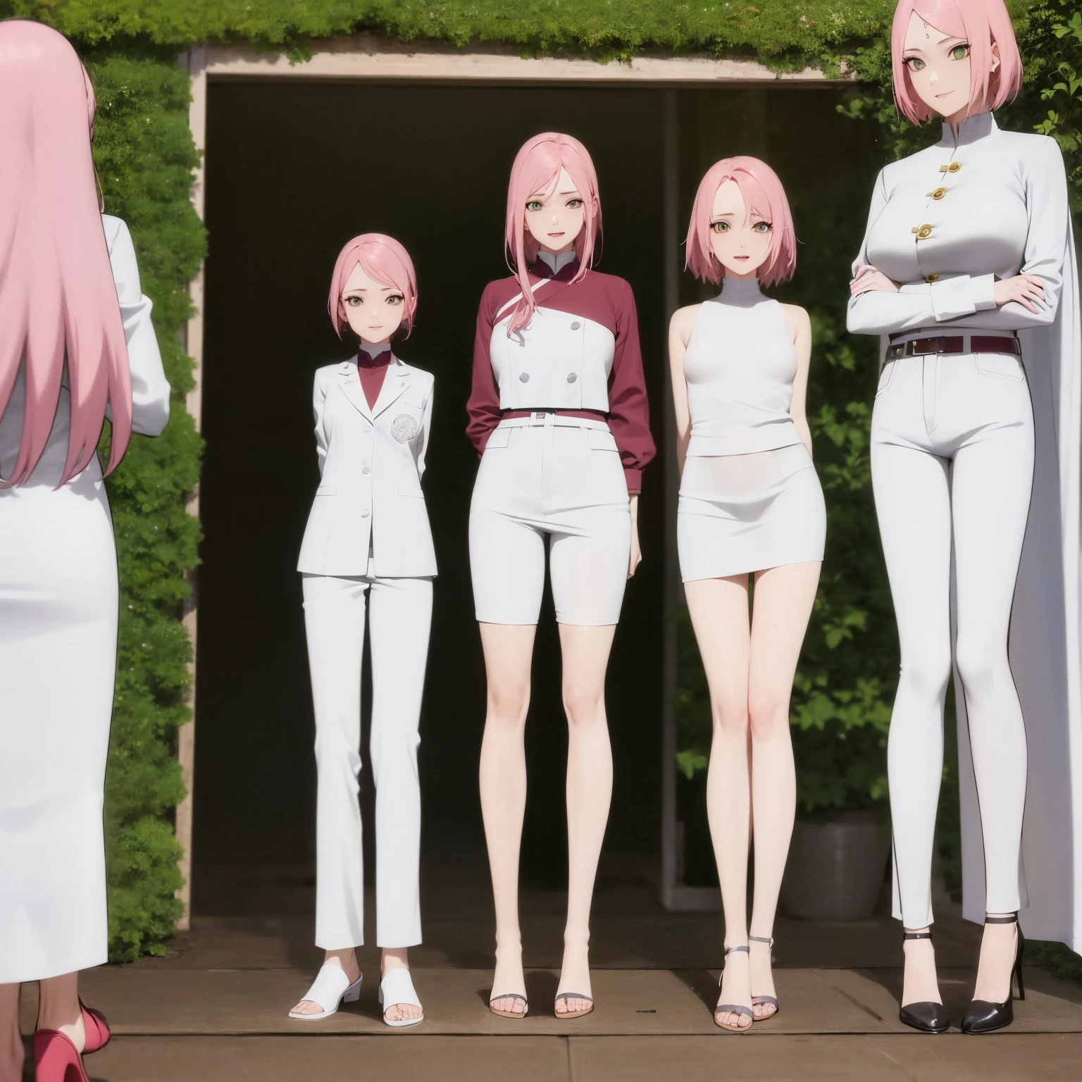 realista, fotorrealista,tiro de vaqueiro,obra de arte, absurdos ,1 garota, haruno sakura, marca na testa, faixa de cabelo vermelha, vestido vermelho sem mangas, White pants, umbigo, virilha, pulseira, olhando para o espectador, sorriso, flores de cerejeira, jardim privado, vento, cabelo flutuante, peito grande ,(((quadris largos))), corpo tonificado, olhos detalhados, 