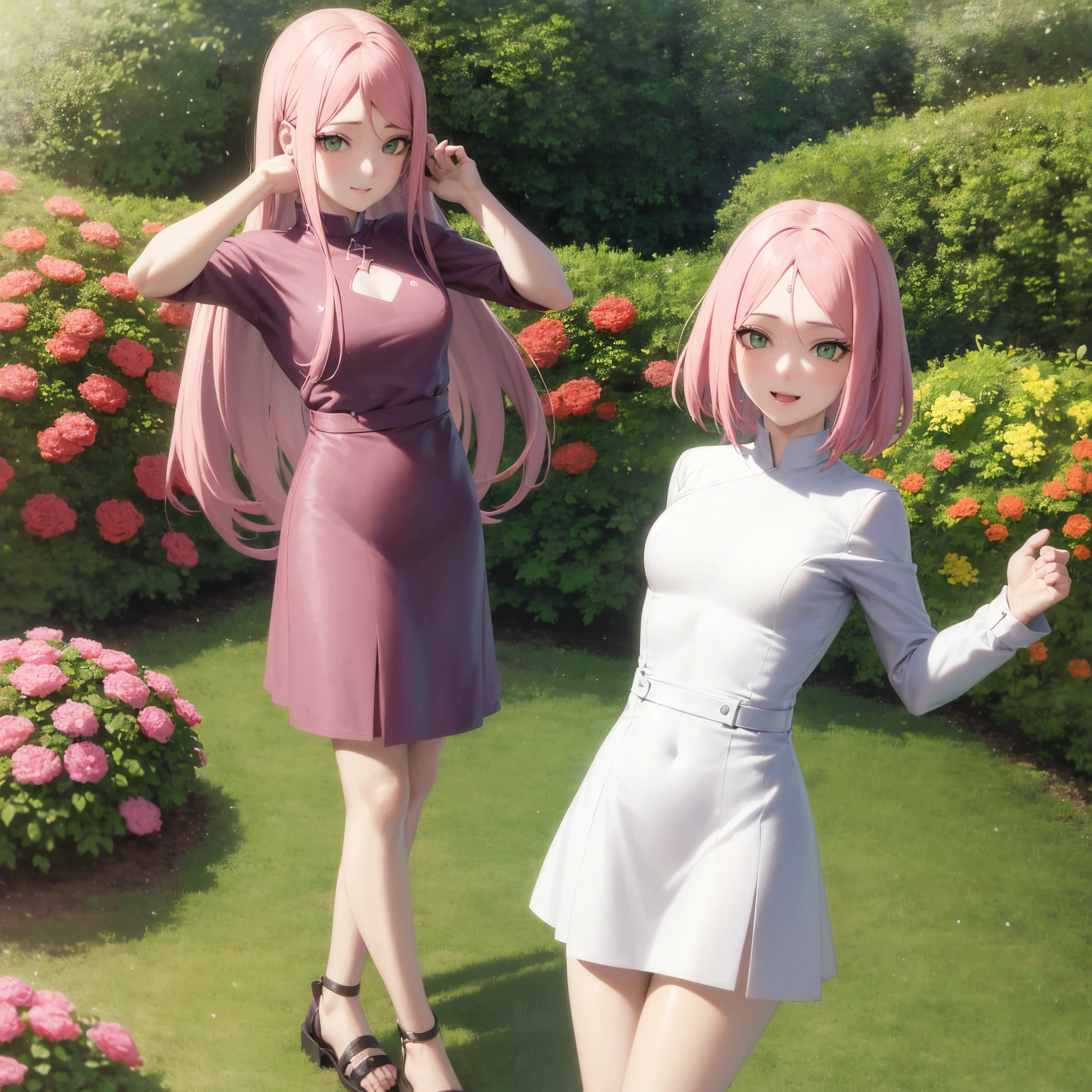 realista, fotorrealista,tiro de vaqueiro,obra de arte, absurdos ,1 garota, haruno sakura, marca na testa, faixa de cabelo vermelha, vestido vermelho sem mangas, White pants, umbigo, virilha, pulseira, olhando para o espectador, sorriso, flores de cerejeira, jardim privado, vento, cabelo flutuante, peito grande ,(((quadris largos))), corpo tonificado, olhos detalhados,