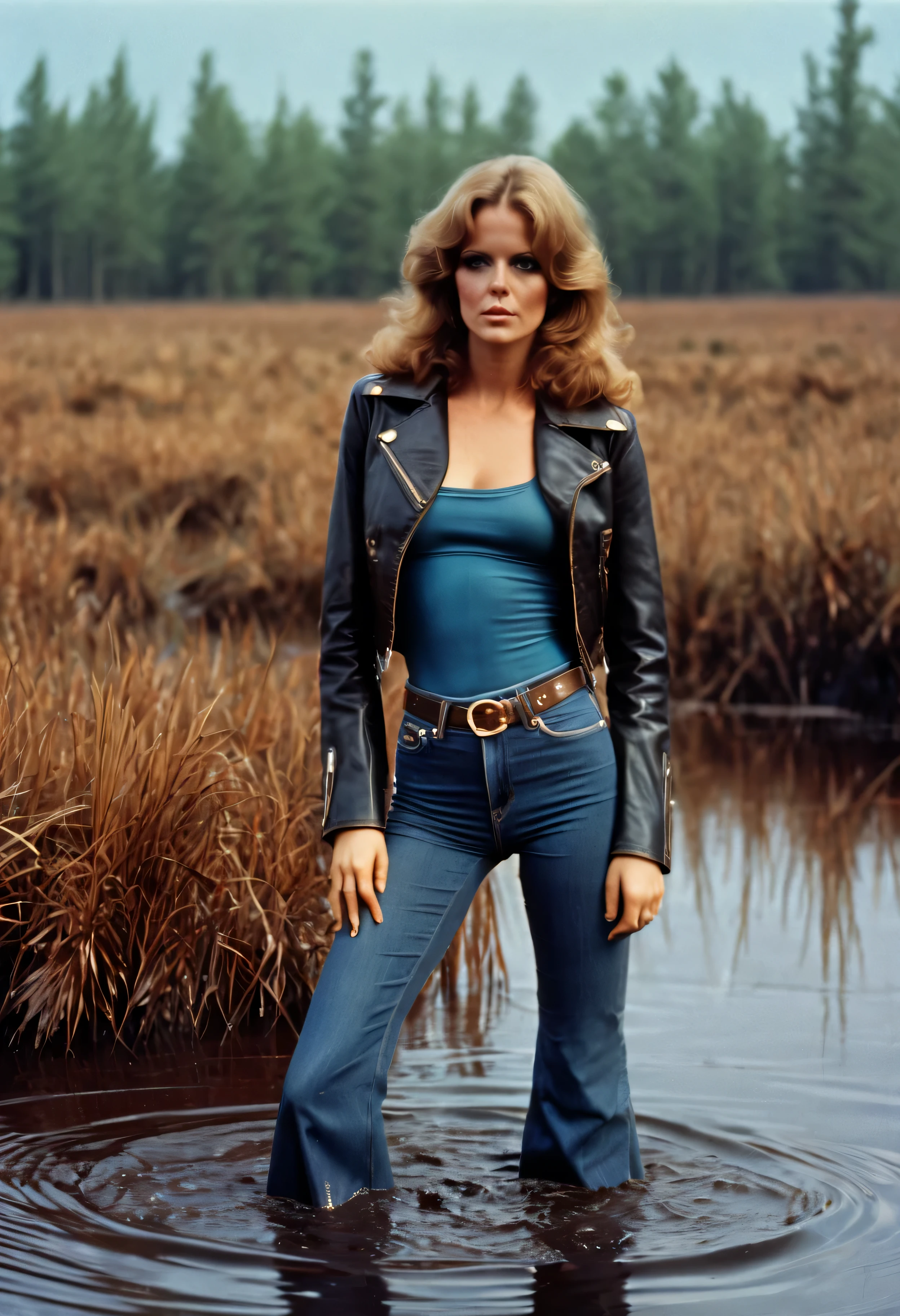 70s setting, film photo of woman in dirty high waist jeans and leather jacket drowning in bog while indulging in her shameful fetish, wide flares on jeans