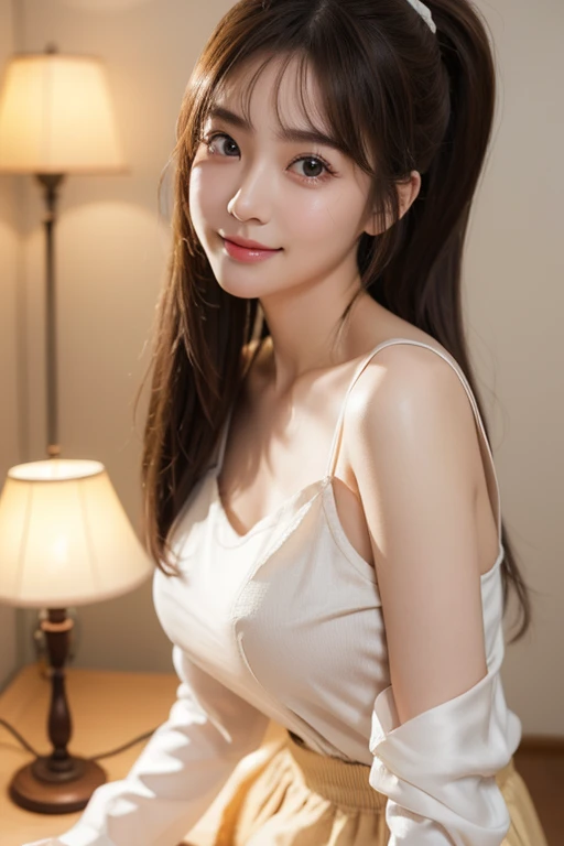 Smile、night、original photography、(((ultimate beauty portrait)))、((sparkling skin))、1 girl、23 year old beautiful girl from Prague、bright expression、((brown hair))、(light brown clothes),(C cup)、(White suspenders)、((Big eyes sparkling like gems))、Clothes slightly open、pantyhose、Glowing and radiant skin、(medium hair)、(silk ponytail)、(standing)、(from below)、under skirt、(from below看内衣的特写)、Eyeliner、beautiful bangs、hair between eyes、((​Masterpiece、top quality、Super detailed、lamp、intricate details、high resolution、Very detailed))、background for this、8 kood、digital SLR、soft light、high quality、film grain、富士XT3 、shallow view deep、natural soft light、Kamimei