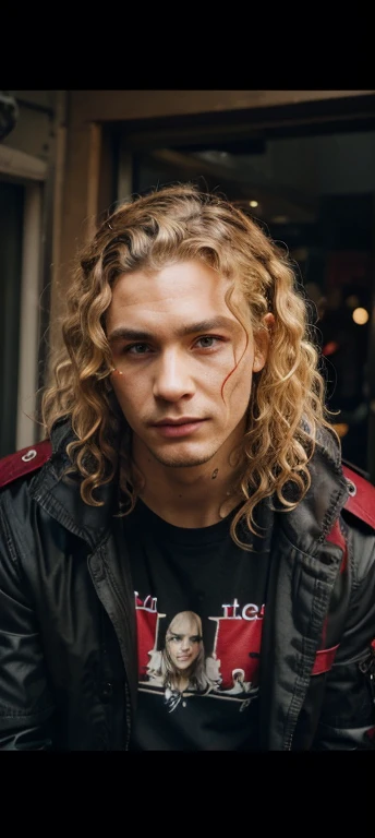 Man. Dirty blonde curly hair. Red shirt with black jacket over it. Face tattoos. Masculine