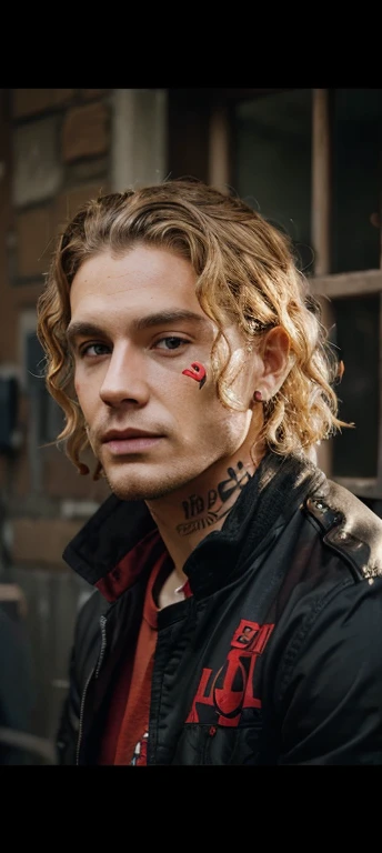 Man. Dirty blonde curly hair. Red shirt with black jacket over it. Face tattoos. Masculine