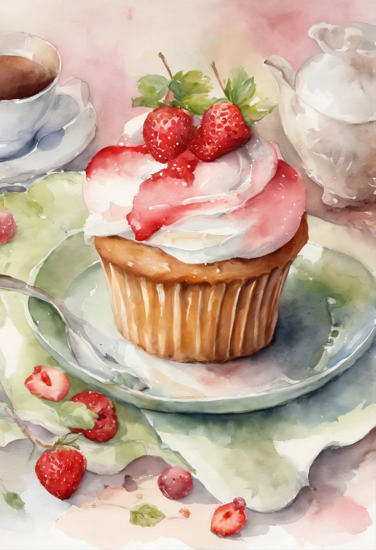 (pastel colour:1.2)、(cute illustration:1.2)、(watercolor painting:1.2)、white background、Floral、green leafs、strawberry, fruits、Shortcake、citric acid、acid、甘acidっぱい、pale pinkish green throughout,、waffle、bread、cooking、cupcake、tiramisu、Cream cake、confections、high tea、sweet、particles of light、drink、Ice cubes、still life photography