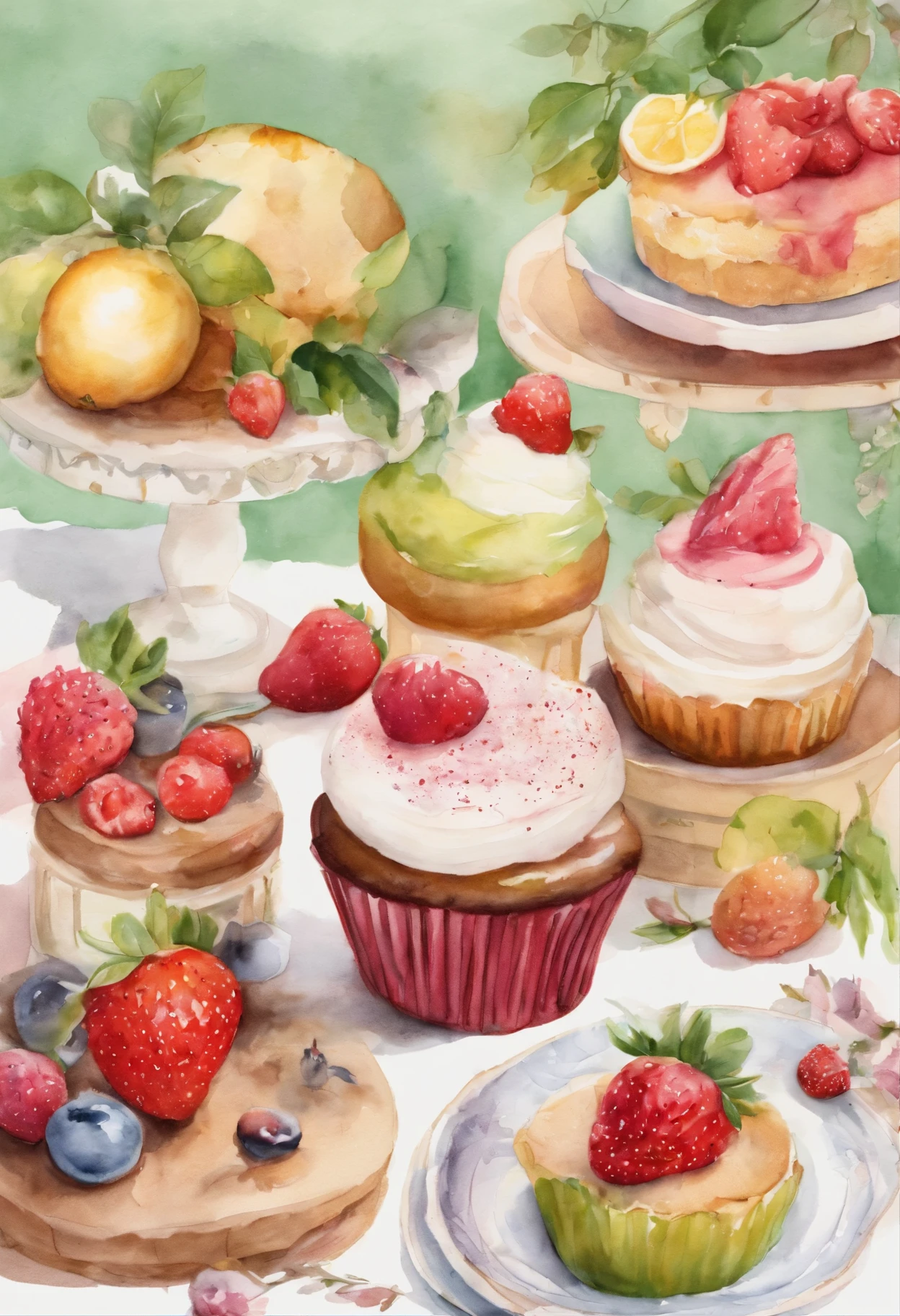（pastel colour:1.2)、(cute illustration:1.2)、(watercolor painting:1.2)、white background、Floral、green leafs、strawberry, fruits、Shortcake、citric acid、acid、甘acidっぱい、pale pinkish green throughout,、waffle、bread、cooking、cupcake、tiramisu、Cream cake、confections、high tea、sweet、particles of light、drink、Ice cubes、still life photography