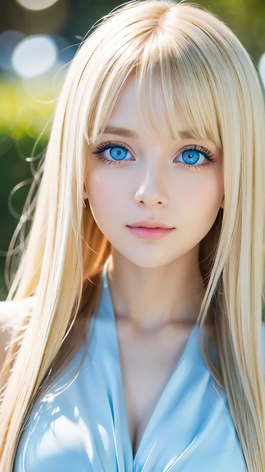 A very beautiful girl with shining bright blonde hair、Very beautiful, bright, bright light blue eyes、very big eyes、Beautiful white and shining skin, 3 up, Unparalleled Beauty, Bright, refreshing and gentle expression, Perfect beautiful cute face shining baby blonde silk super long straight hair, Beautiful shiny bangs, A very beautiful and beautiful 17 year old girl, eyeliner, very perfect and beautiful cute big bright light blue eyes
