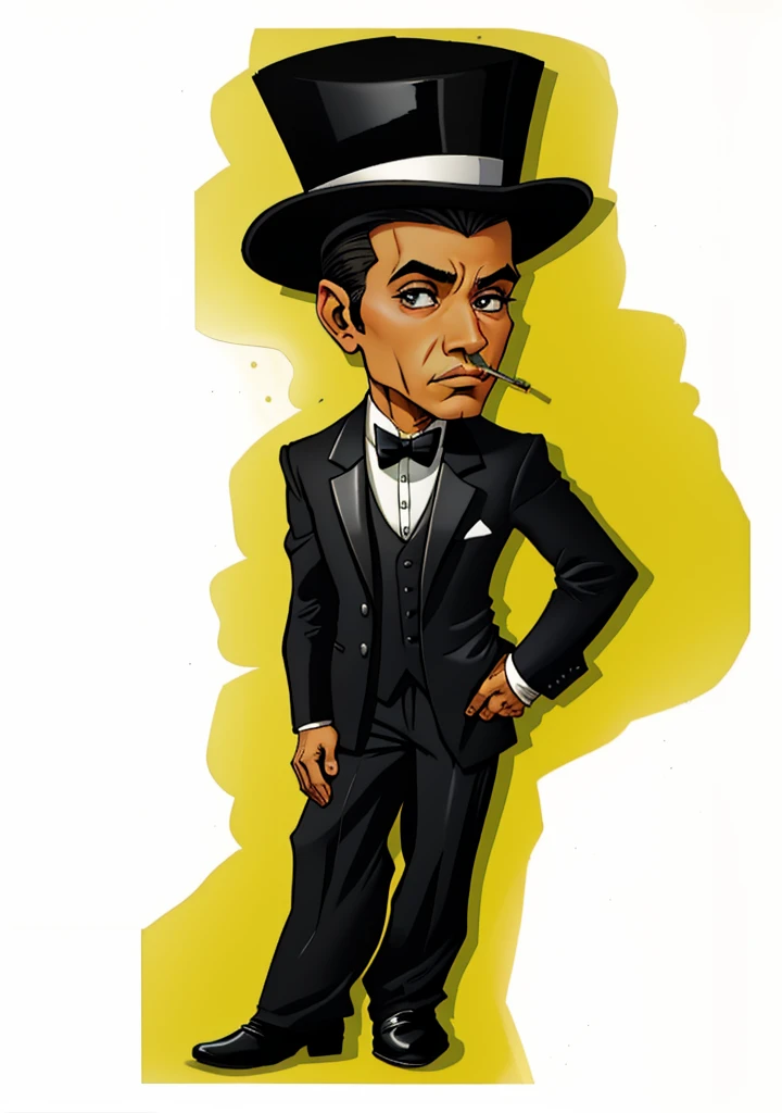 cartom of a man in a tuxedo and top hat, inspirado em George Bogart, he is wearing a top hat, elegante, Pose formal de retrato estilizado, a man in a suit and hat, Direction: Maxwell Bates, gravata preta, stylized digital illustration, Obama, estilo caricatural, design de personagens do mundo do filme noir, conde, tom, vestindo smoking, arte digital de um elegante