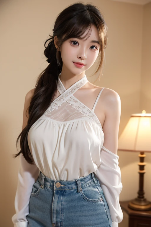 Smile、night、original photography、(((ultimate beauty portrait)))、((sparkling skin))、1 girl、23 year old beautiful girl from Prague、bright expression、((brown hair))、(Pure white clothes),(C cup)、(White suspenders)、((Big eyes sparkling like gems,double eyelids))、Clothes slightly open、pantyhose、Glowing and radiant skin、(medium hair)、(silk ponytail)、(standing)、(from below)、under skirt、(from below看内衣的特写)、Eyeliner、beautiful bangs、hair between eyes、((Masterpiece、top quality、Super detailed、lamp、intricate details、high resolution、Very detailed))、background for this、8 kood、digital SLR、soft light、high quality、film grain、富士XT3 、shallow view deep、natural soft light、Kamimei