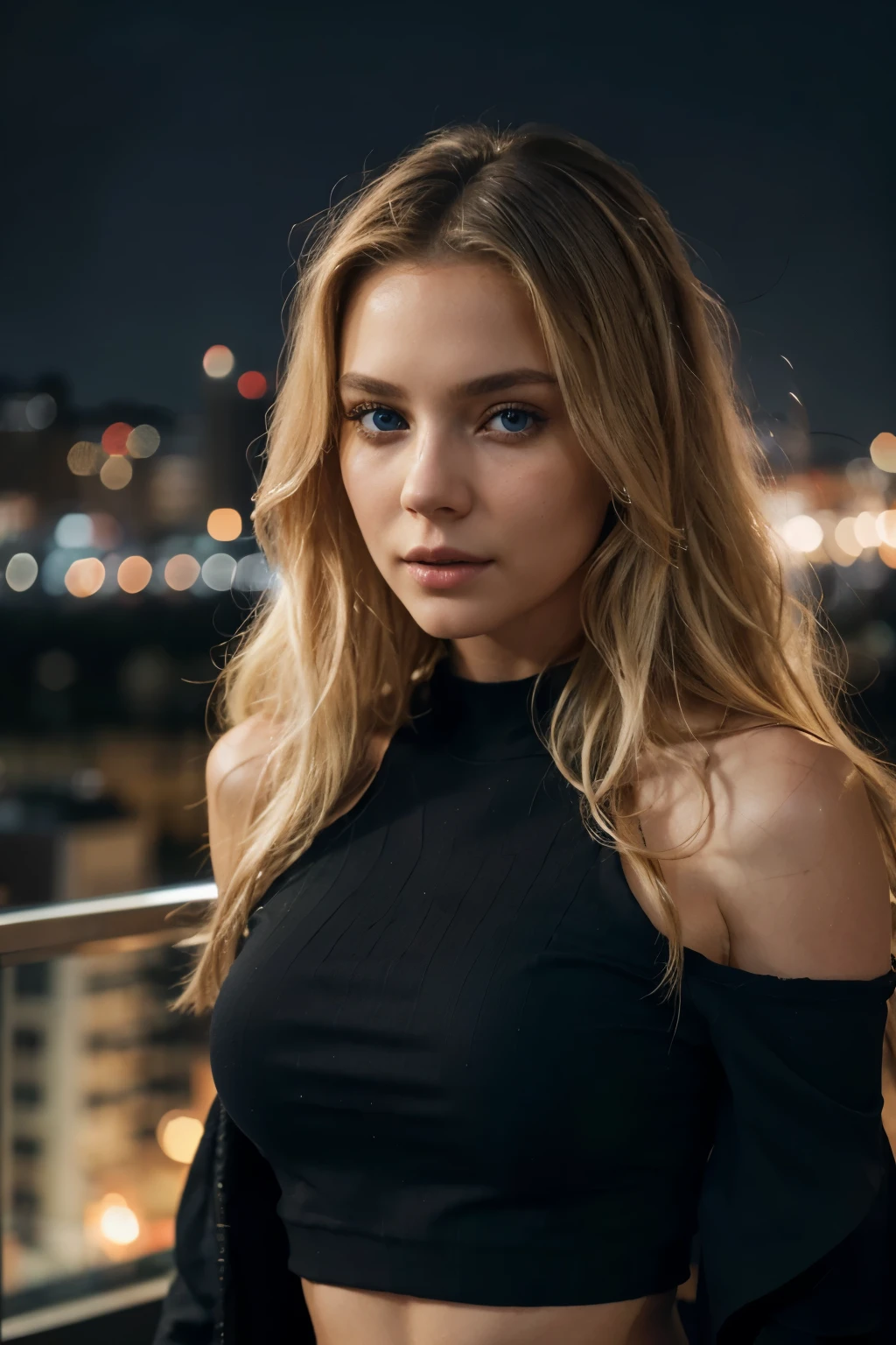 A captivating photograph of a blonde woman, her wavy locks cascading down her shoulders, dons a black crop top that accentuates her svelte figure. The city background is brilliantly illuminated in the UHD image, with intricate bokeh effect adding an alluring depth to the scene. Sharp focus renders every detail realistically, from her expressive blue eyes to the raw texture of her skin. This masterpiece, a true high-quality and highres representation of reality, is a testament to the art of photo realism. (reallistic: 1.2)