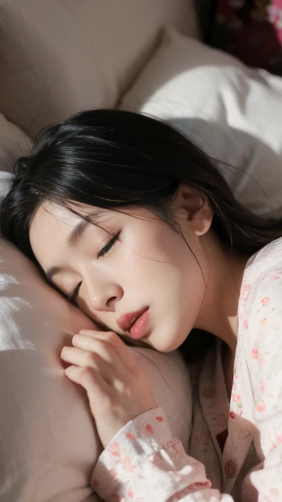 (in 8K、Raw photography、Highest Quality、realisitic、Photorealsitic), midnight, Japan 30-year-old female, Pretty Japan Woman, pajamas:1.8, Dark room, Sleeping in bed, lying on bed, upper body shot, Sleeping with a calm expression, eyes closed, Clothes are worn correctly, coverlet