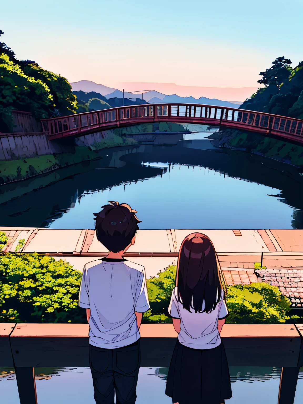 Rear view of a boy and girl leaning on a fence and looking at the scenery、bridge、river、rough clothes、Close-up