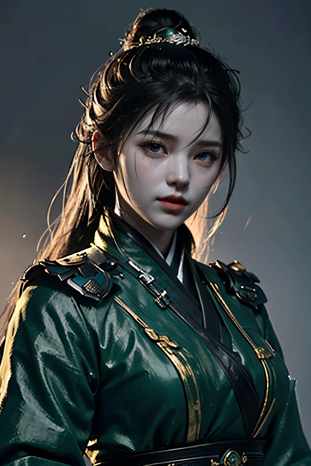 Game art，The best picture quality，Highest resolution，8K，(A bust photograph)，(Portrait from bust:1.5)，(Head close-up)，(Rule of thirds)，Unreal Engine 5 rendering works， (The Girl of the Future)，(Female Warrior)， 
20岁少女，(Female warriors in ancient China)，An eye rich in detail，(Big breasts)，优雅高贵，冷漠，(Brave)，
中国的人物，奇幻风格，
拍照姿势，野外背景，Movie lights，Ray tracing，Game CG，((3D Unreal Engine))，oc渲染反射纹