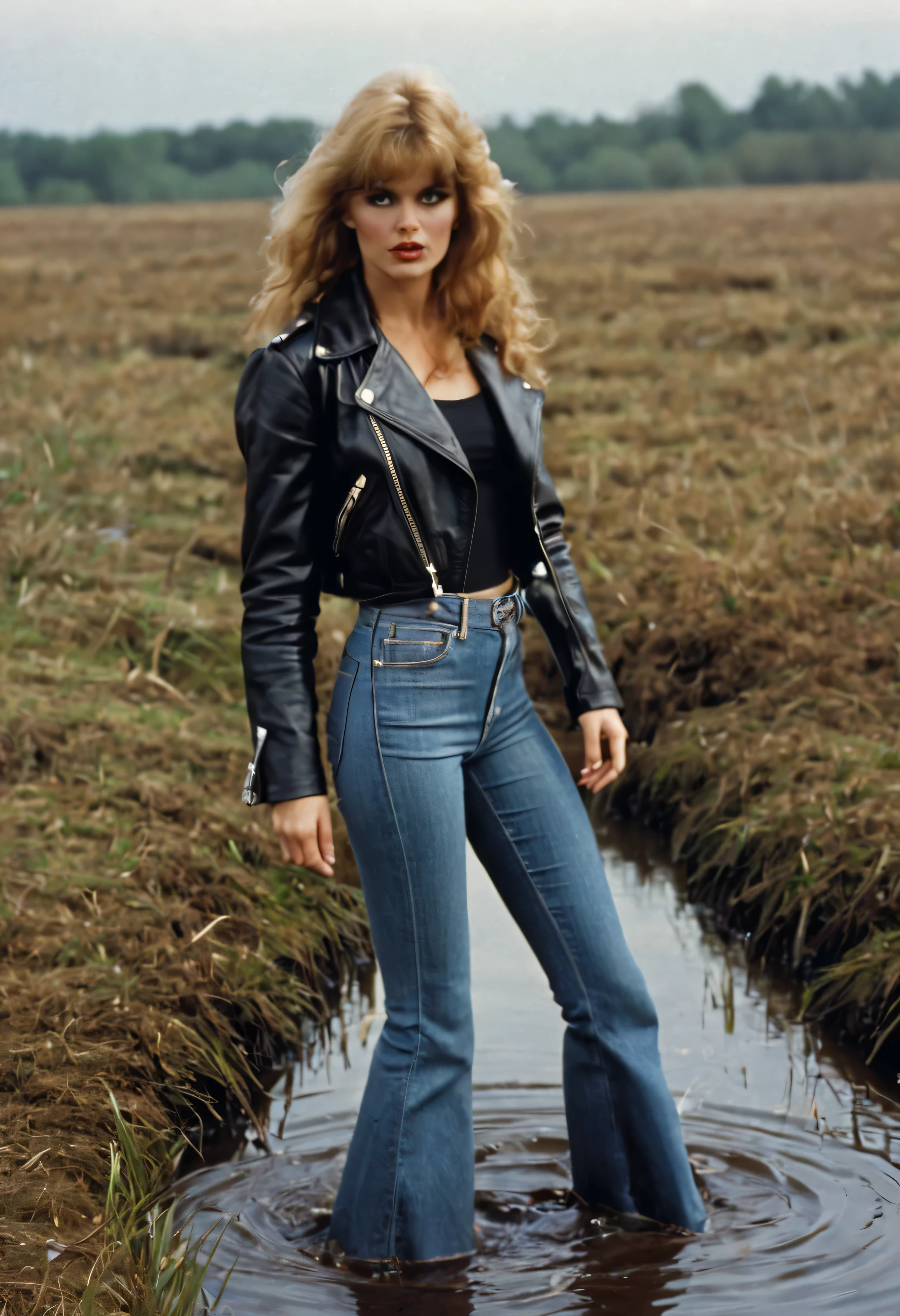 70s setting, film photo of woman in dirty high waist jeans and leather jacket drowning in bog while indulging in her shameful fetish, wide flares on jeans