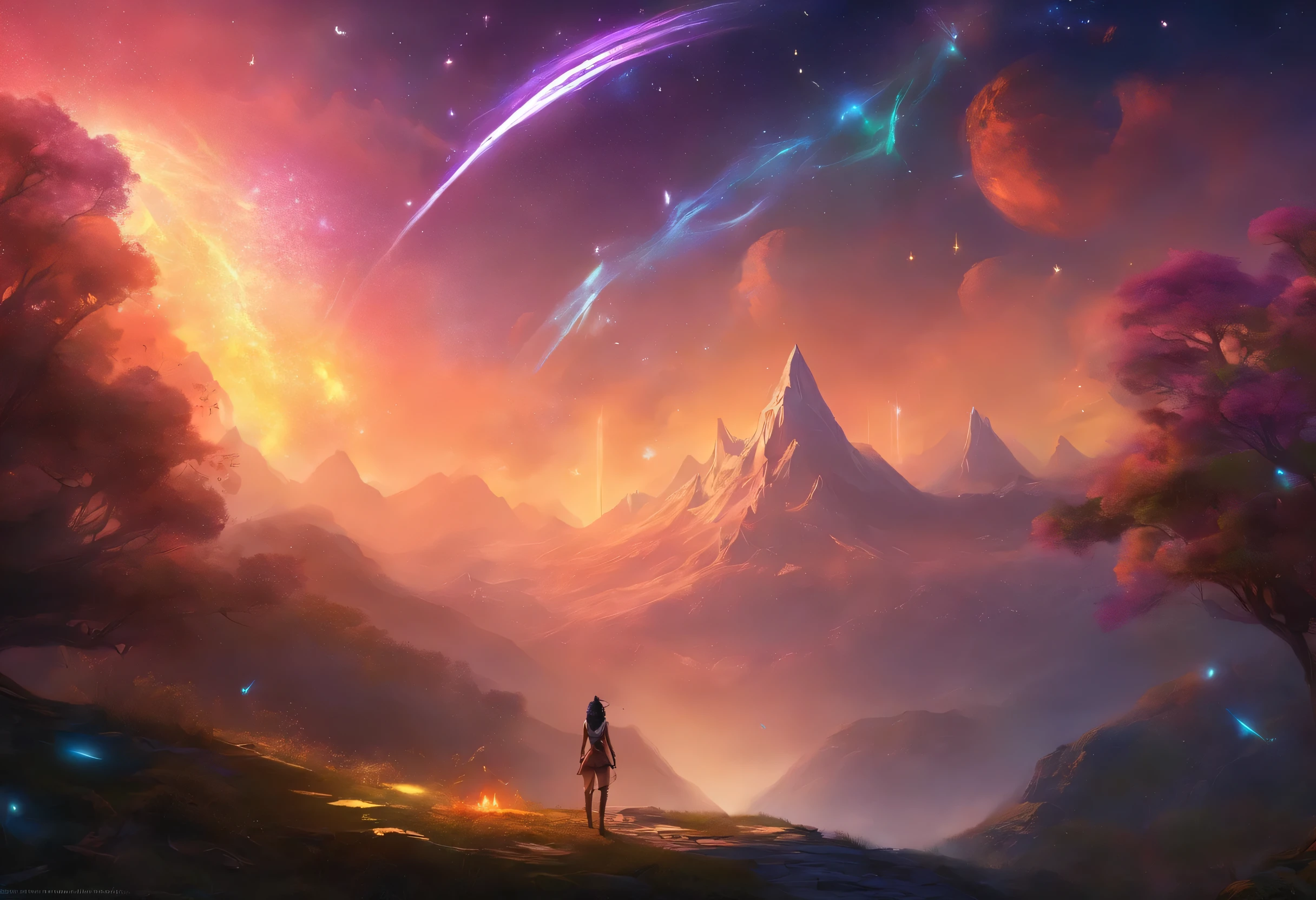 ((shot from a far distance)),(Shadow elf decorated with streamers and fireflies),((Bonfires and shining ores on dark nights&Wind blowing effect&floating flames)),(girl),(soft light lighting),official art,(wallpaper design)