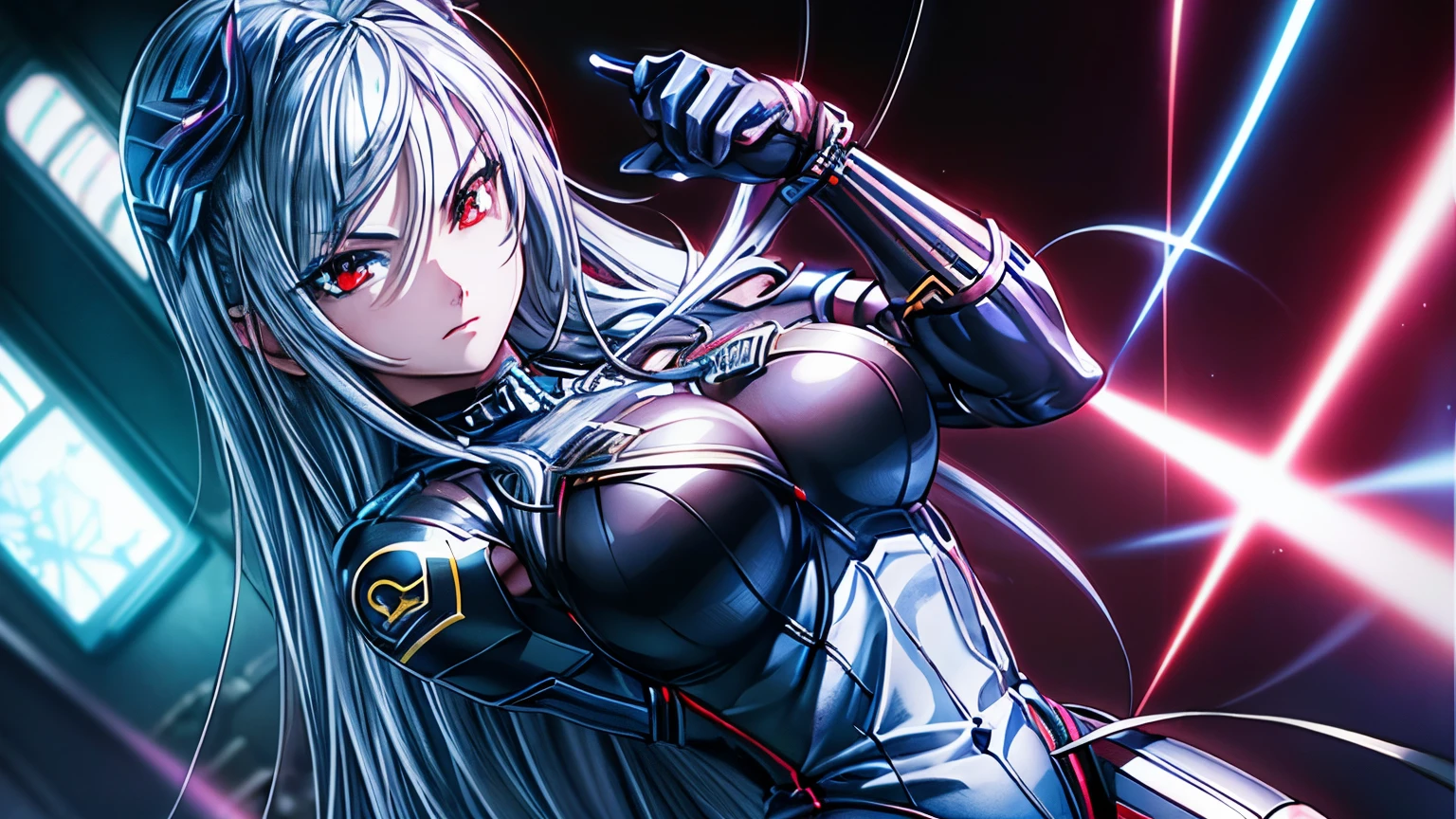 top-quality、masterpiece、超A high resolution、(Photorealsitic:1.4)、女の子1人、Light blue hair、Straight hair, shiny and clean hair、White shiny skin、Sexy Cyberpunk Girl、((super realistic details))、Shadow、octan render、ultrasharp、hyperdetailed face、Fiberglass、Luminous tube、highly intricate detail、Realistic light、CGSoation Trends、(red eyes with slit pupils)、(Facing the camera)、neon details、Mechanical vertebrae attached to the back、mechanical cervical attaching to neck、Wires and cables connecting to the head、((valkyrie))、((Beam Cannon))、Combat stance、((seductive pose:1.2))、full body、glaring、