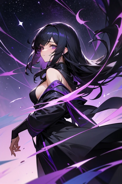 a women with black and purple cloth cold beauty  with black hair volet eyes and cute with perfect near Nexus with star with cute face shown the beautifull view all in anime 