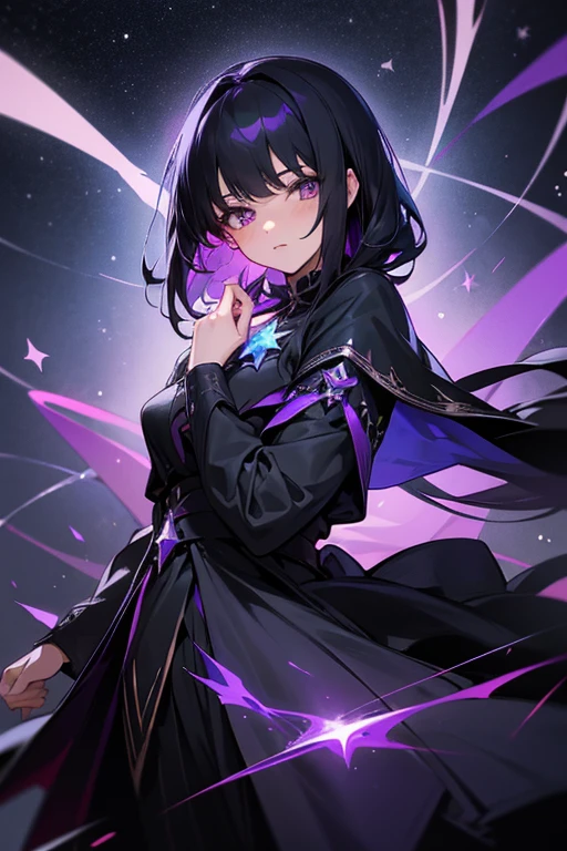 a women with black and purple cloth cold beauty  with black hair volet eyes and cute with perfect near Nexus with star with cute face shown the beautifull view all in anime 